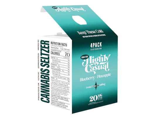 Blueberry + Pineapple -20mg THC Pack - 4 - 5mg THC:5mg CBD 12 Oz Cans of Seltzer - Highly Casual - Hybrid